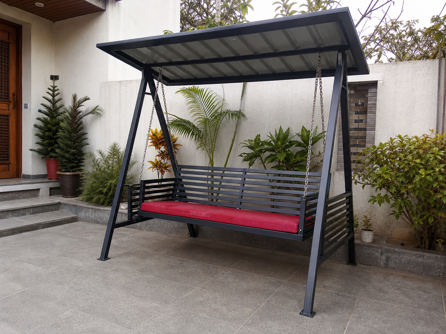 Steel swing seating with protective canopy